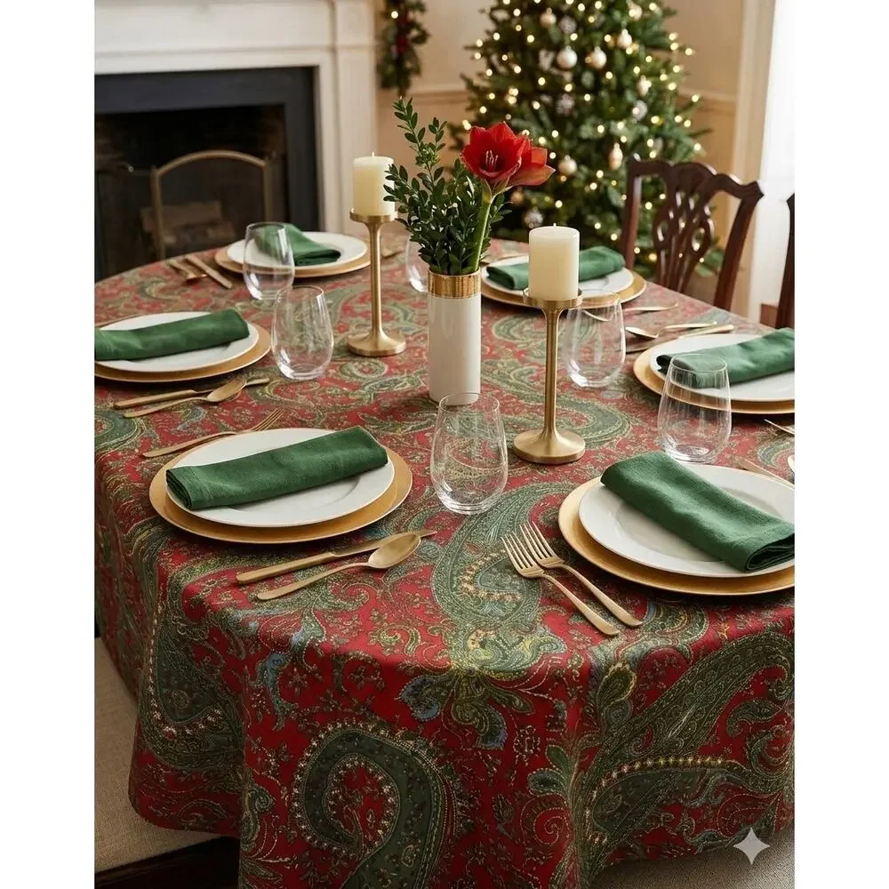 Lauren Ralph Lauren Classic Paisley Tablecloth NEW Poinsettia Cotton 60x84